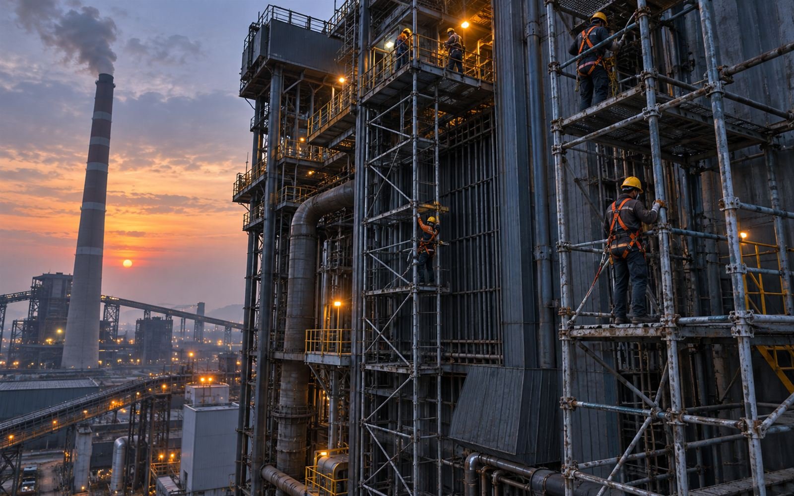 Maintenance crew with safety harnesses on scaffolding around a power plant boiler