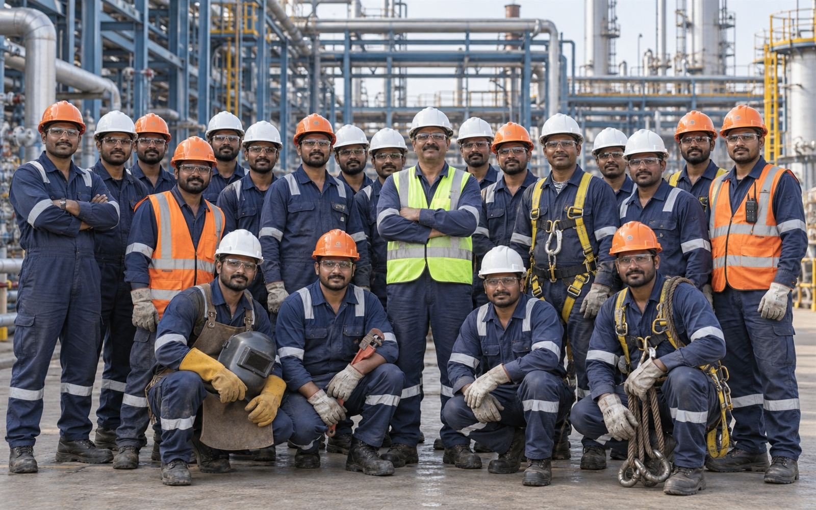 Maintenance crew of fitters, welders, riggers and supervisors in full PPE at a process plant