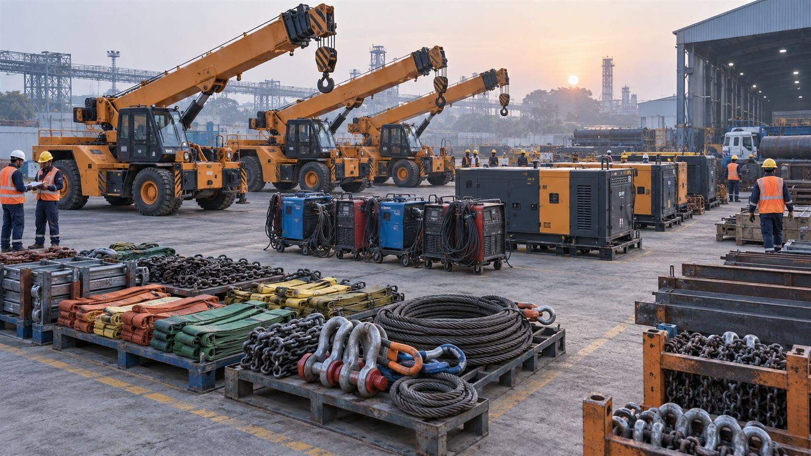 Pick-and-carry cranes, welding machines, generator sets and rigging gear ready for mobilisation