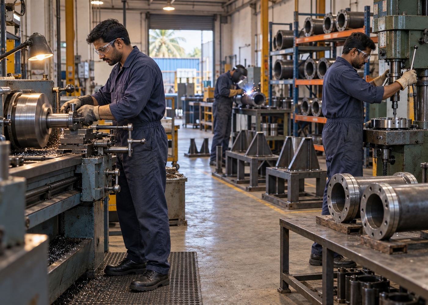 Fabrication and machining workshop with a lathe, drilling machine and pipe spools